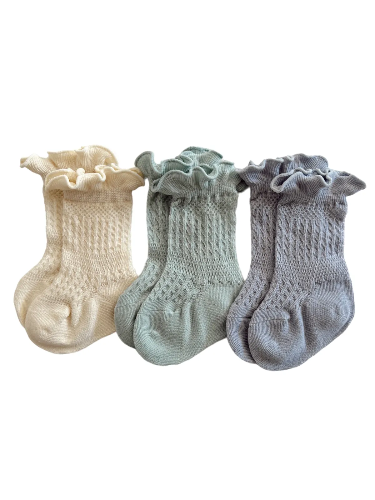 3-Pack Ruffle Knit Socks, Ivory, Light Green, Light Blue