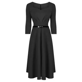 Black 3/4 Sleeve Sweetheart Neckline 50s Swing Dress