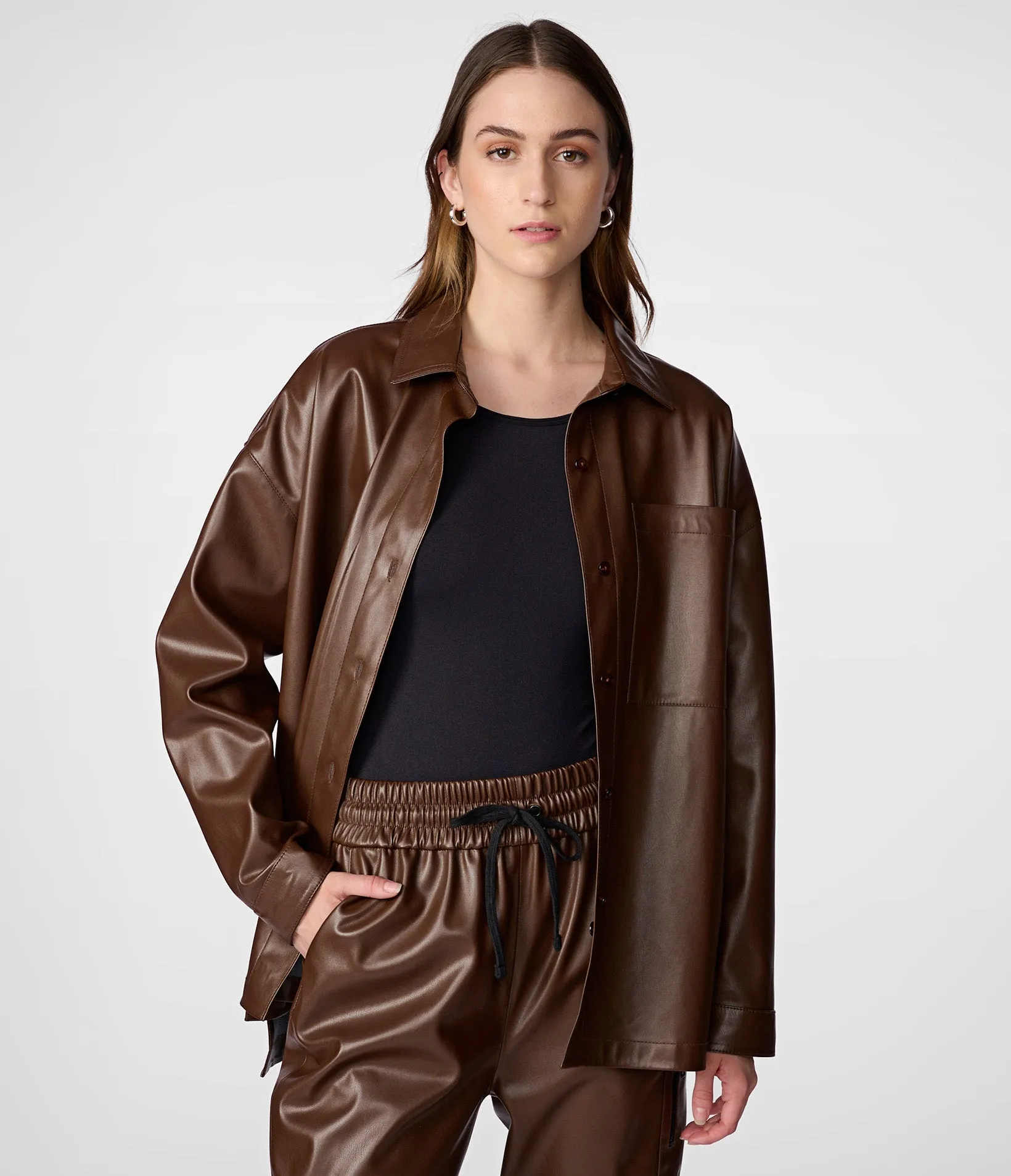 Faux Leather Button Front Shirt