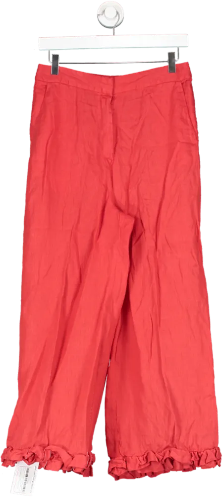 Finery Red Wide Leg Cropped Linen Trousers With Frilled Hemline UK 8