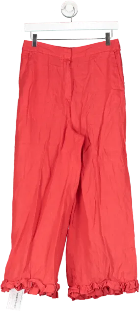 Finery Red Wide Leg Cropped Linen Trousers With Frilled Hemline UK 8