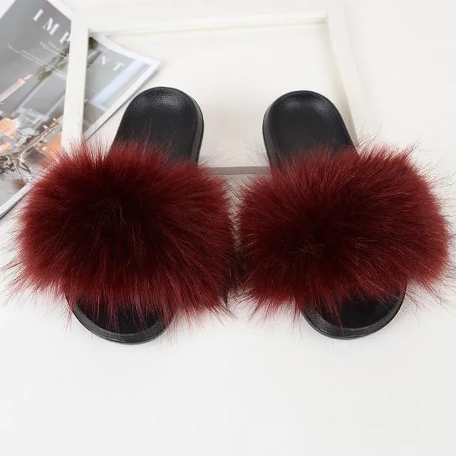 Furry Flat Sandals Cute Fluffy Slippers