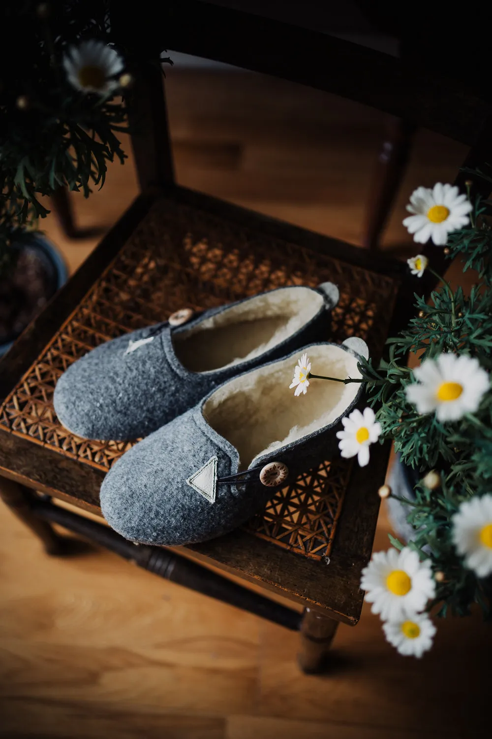 Grey Felt Slippers with Wool