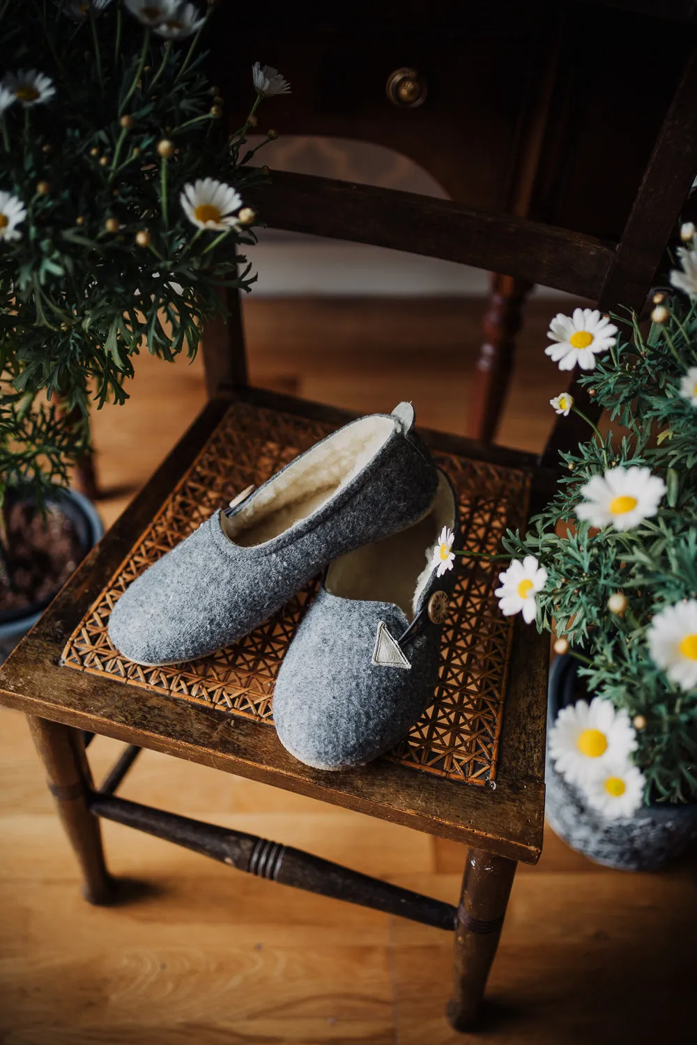 Grey Felt Slippers with Wool