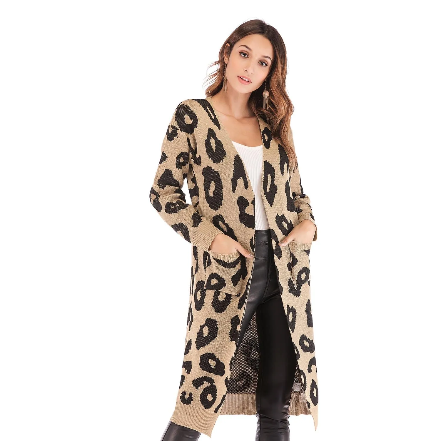 Haute Edition Open Front Long Length Sweater Knit Leopard Print Cardigan