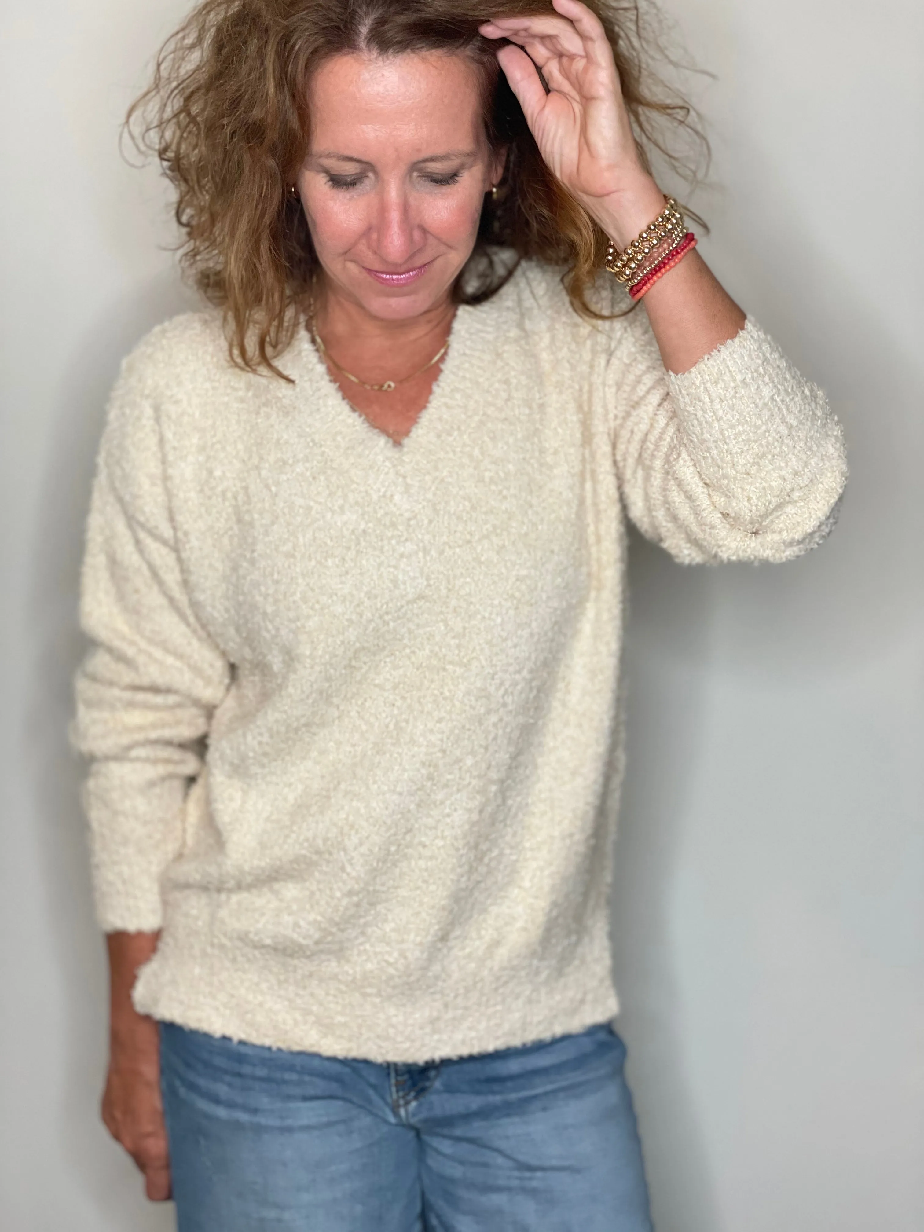 Hello Nite Plush V Neck Pullover in Angel Hair