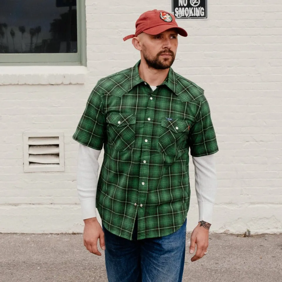 Iron Heart IHSH-386-GRN 5oz Selvedge Short Sleeved Western Shirt Green