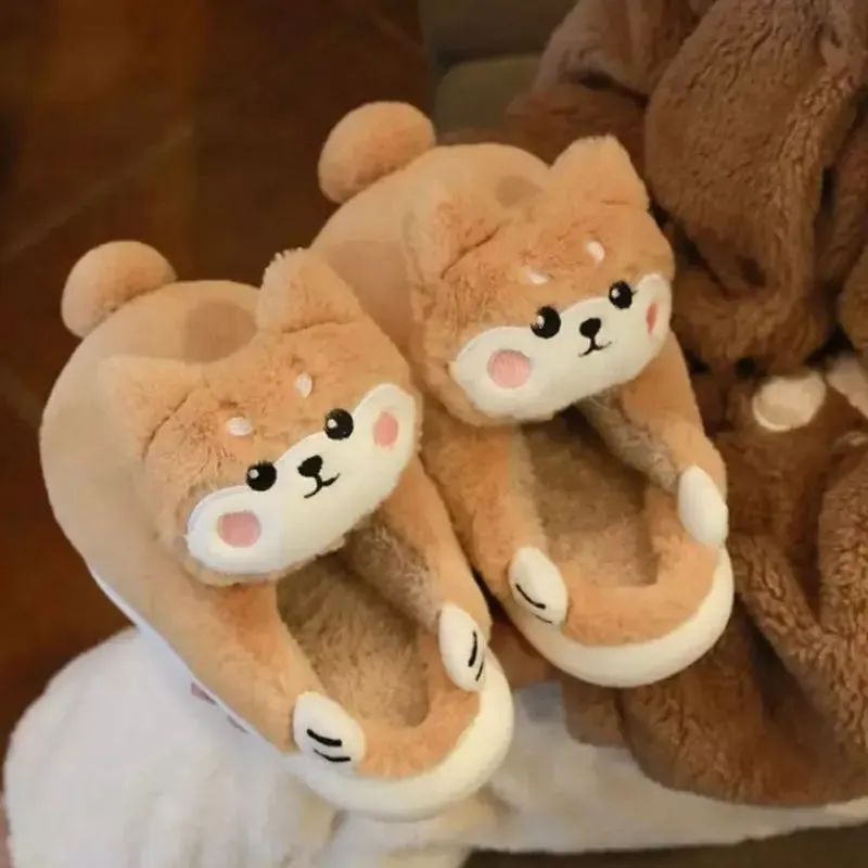 Khaki Dog Plush Slippers