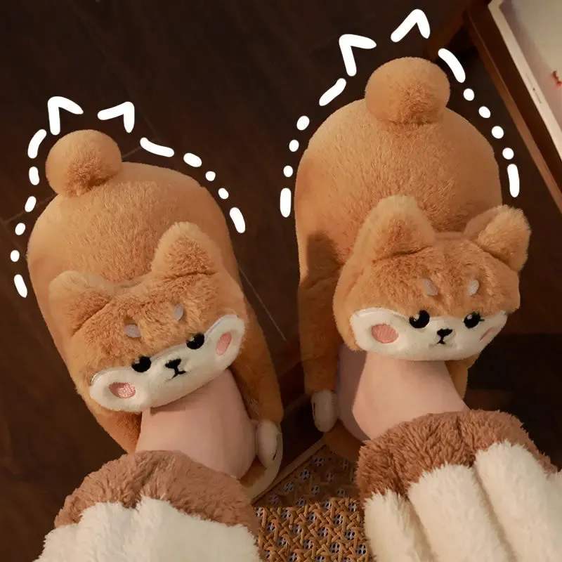 Khaki Dog Plush Slippers