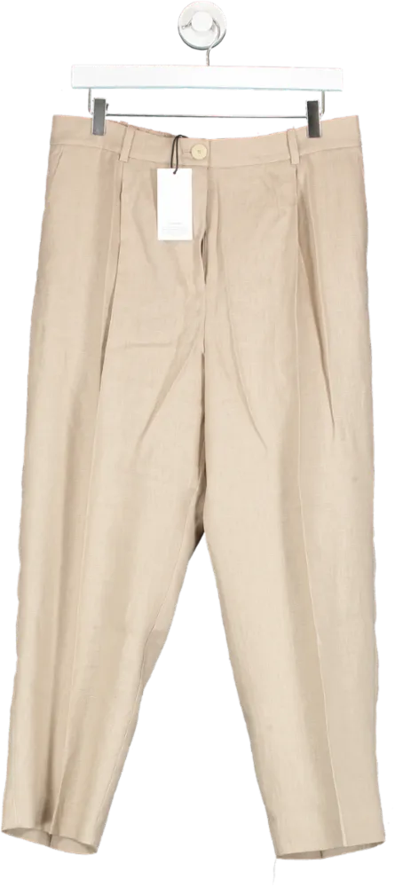 MANGO Beige 100% Linen Straight Cropped Leg Trousers BNWT UK 14