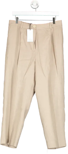 MANGO Beige 100% Linen Straight Cropped Leg Trousers BNWT UK 14