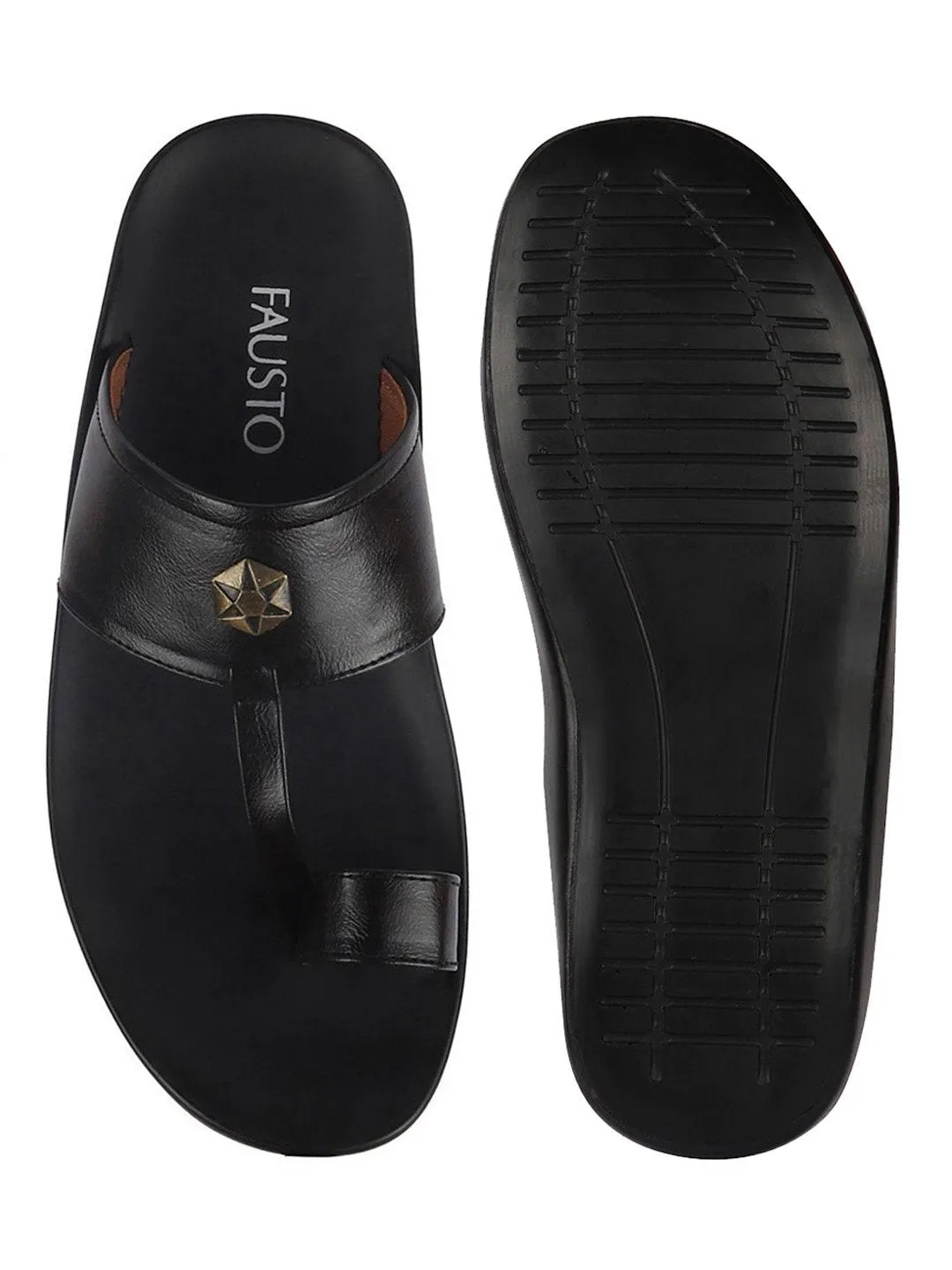 Men Black Slip On Indoor Toe Ring Slippers