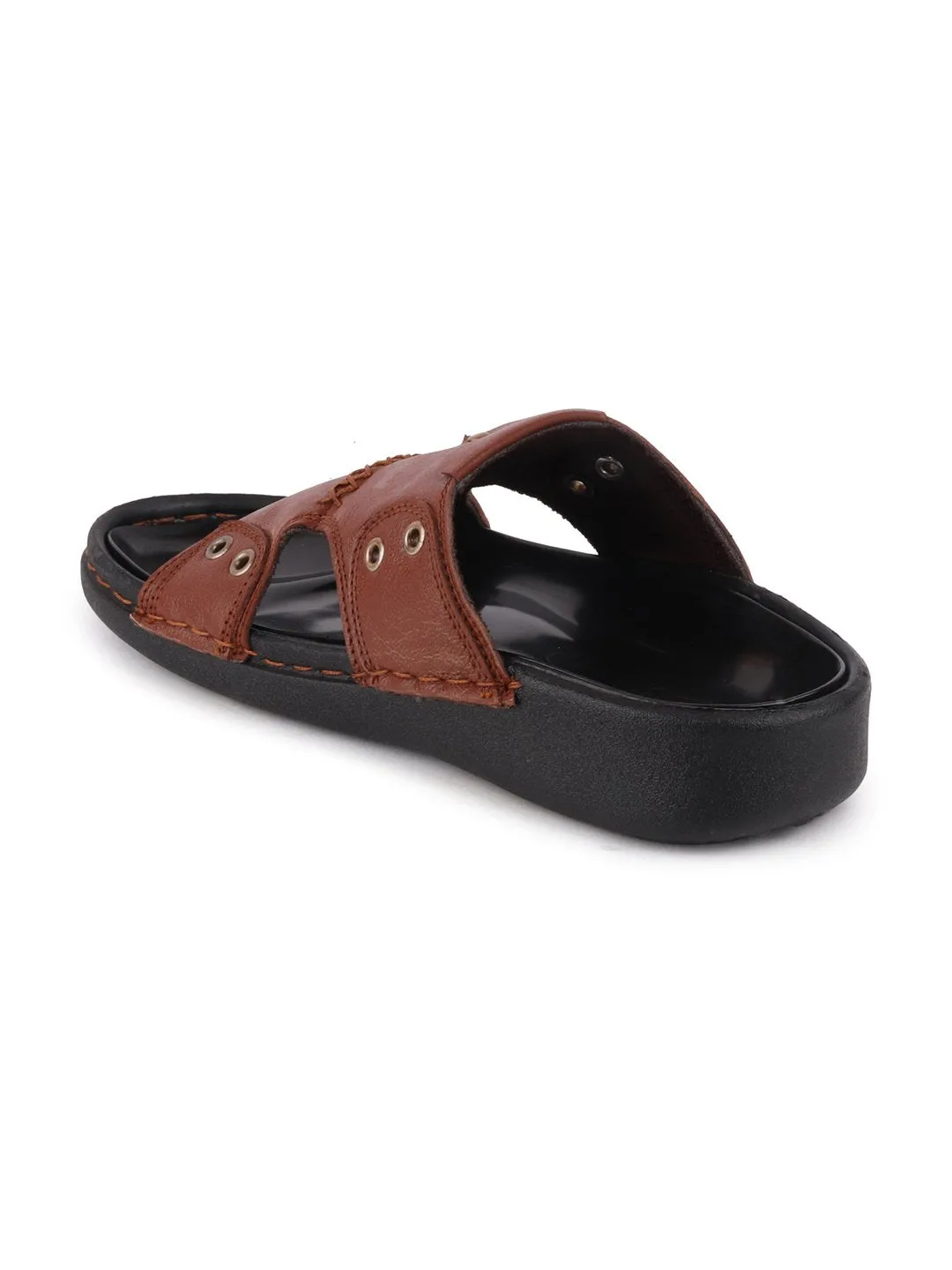 Men Tan Casual Leather Slip-On Pad Slippers