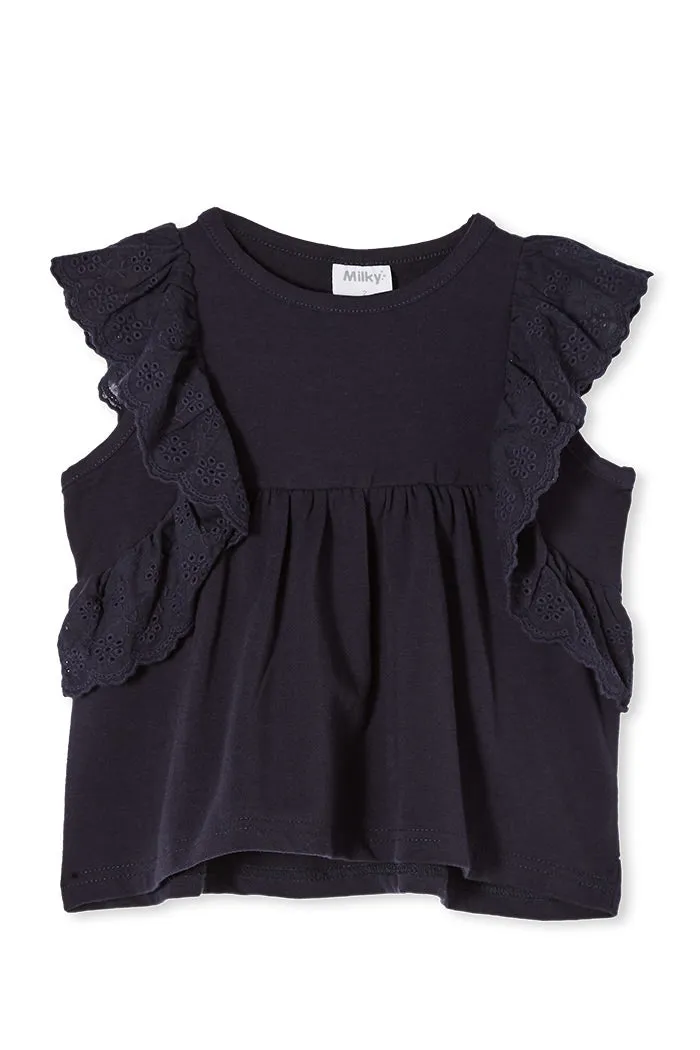 Milky Navy Broderie Frill Tee