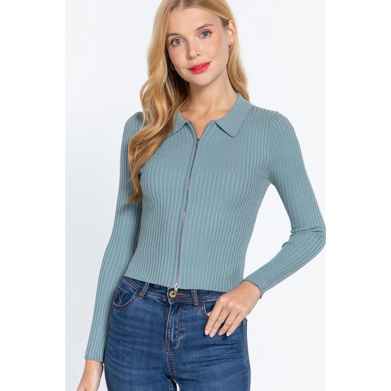 Notched Collar Zippered Sweater