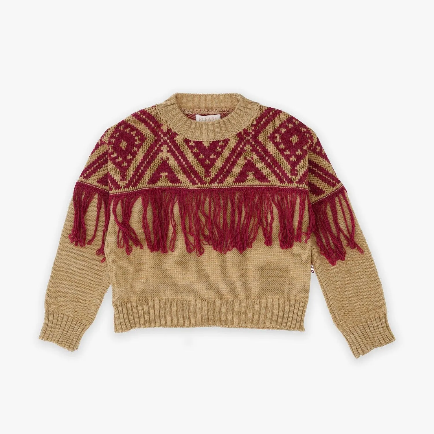 Please Girl's geometric pattern sweater with applied fringes NB53230G55 1801 havana