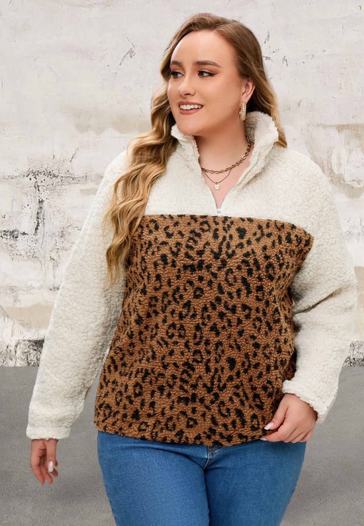 Plus Size Leopard Sherpa Pullover