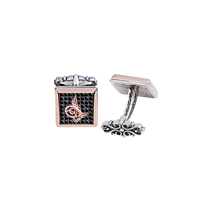 Silver Black Zircon Stone Over Ottoman Tughra Cufflink