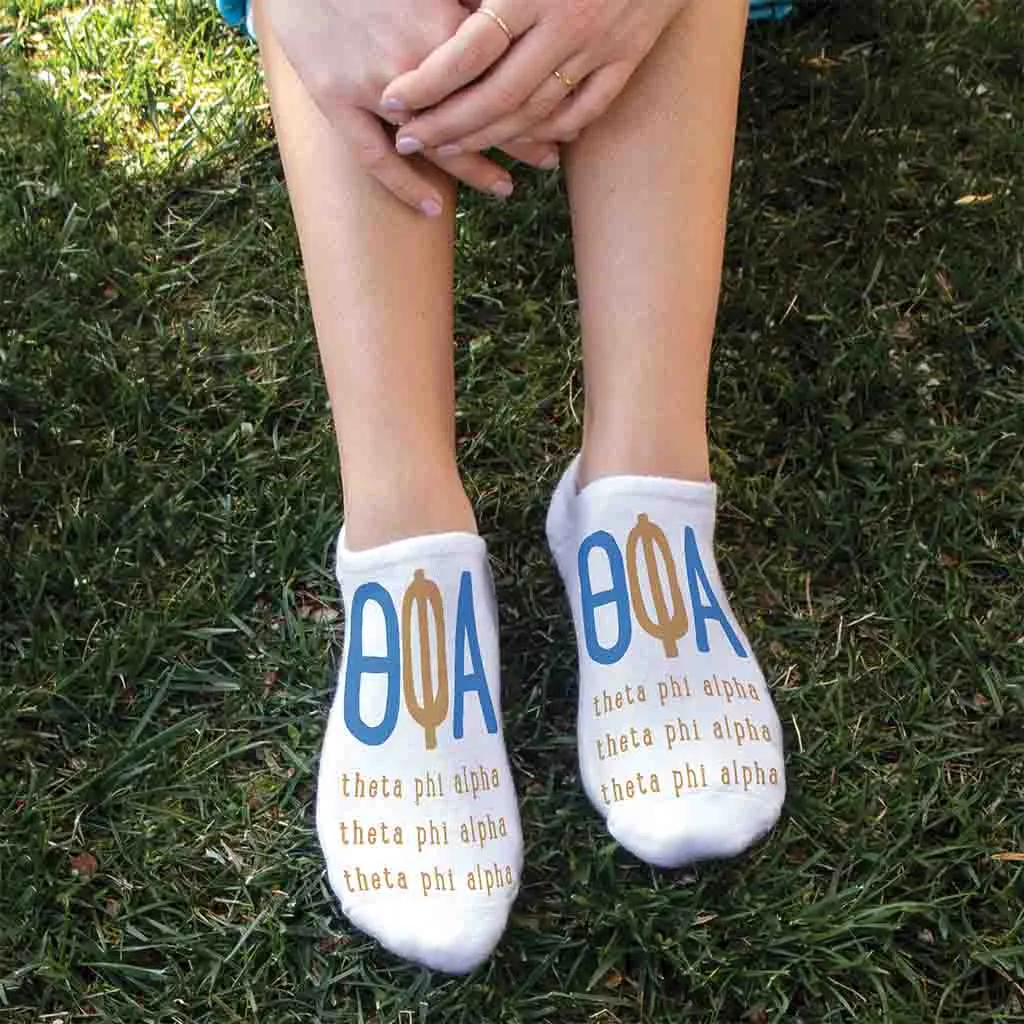 Theta Phi Alpha Sorority Socks with Large Greek Letters, Printed on No Show Socks