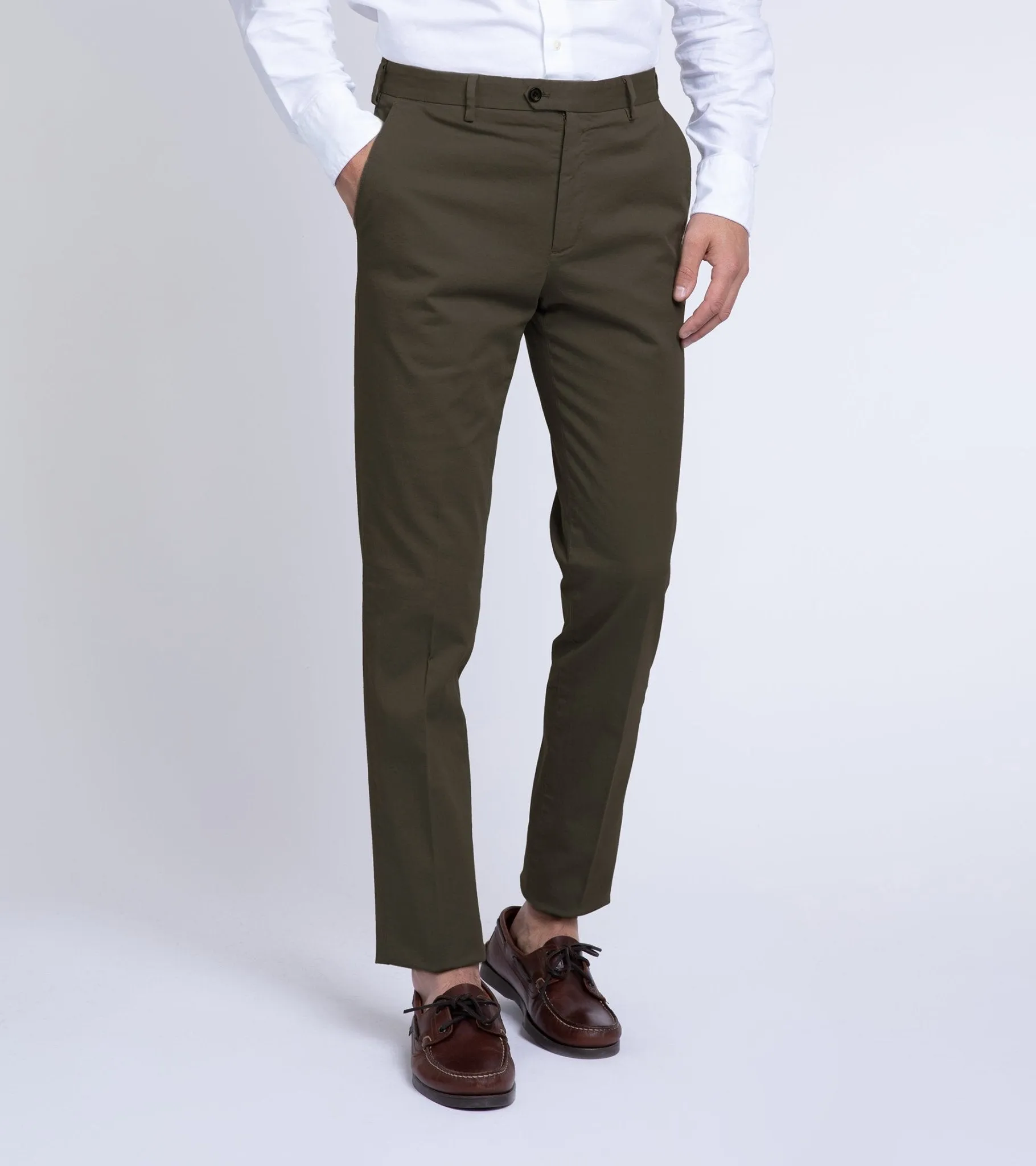 Trunk Welbeck Flat Front Cotton Trousers: Olive