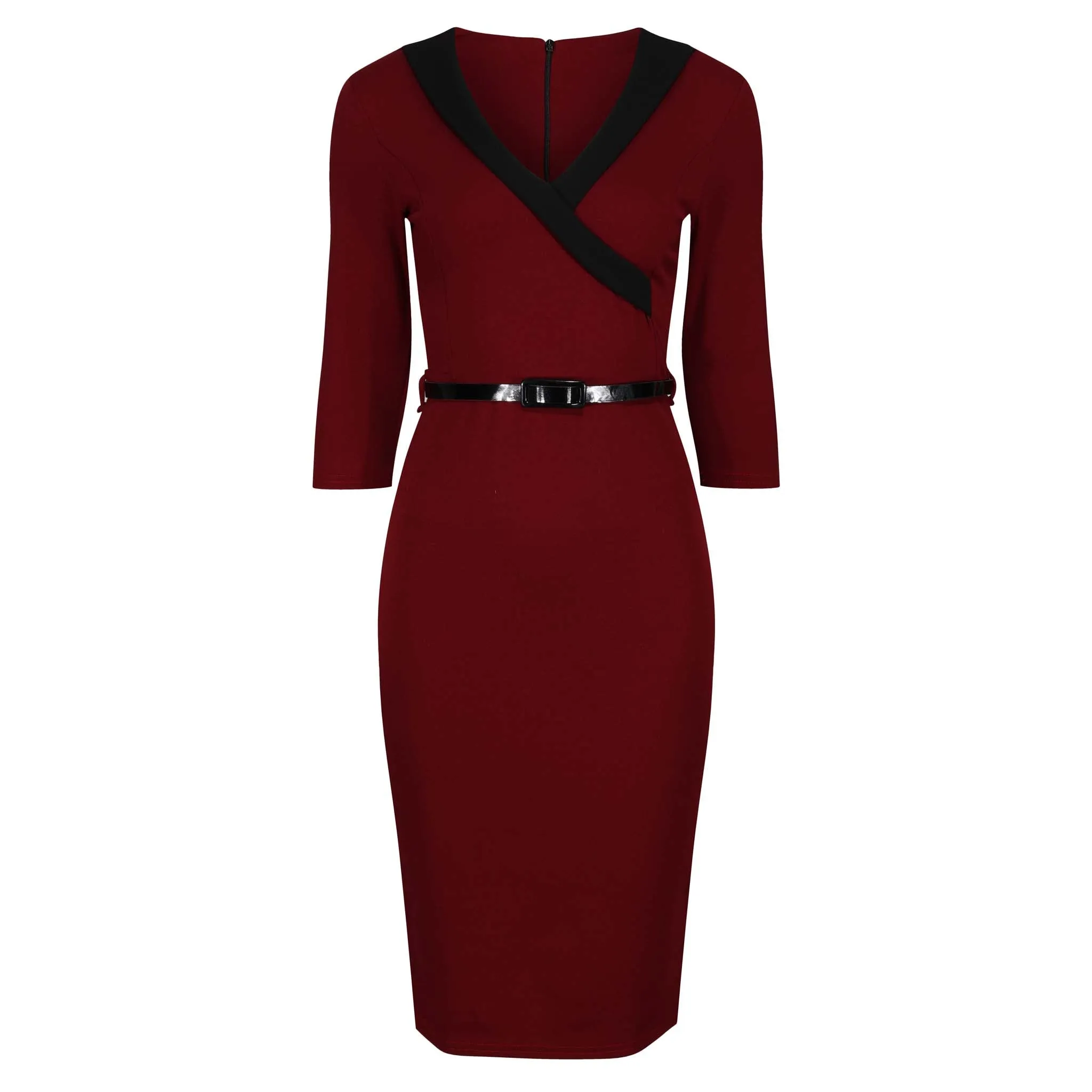 Wine Red V Neck Wrap Effect 3/4 Sleeve Midi Pencil Dress