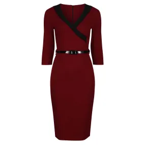 Wine Red V Neck Wrap Effect 3/4 Sleeve Midi Pencil Dress