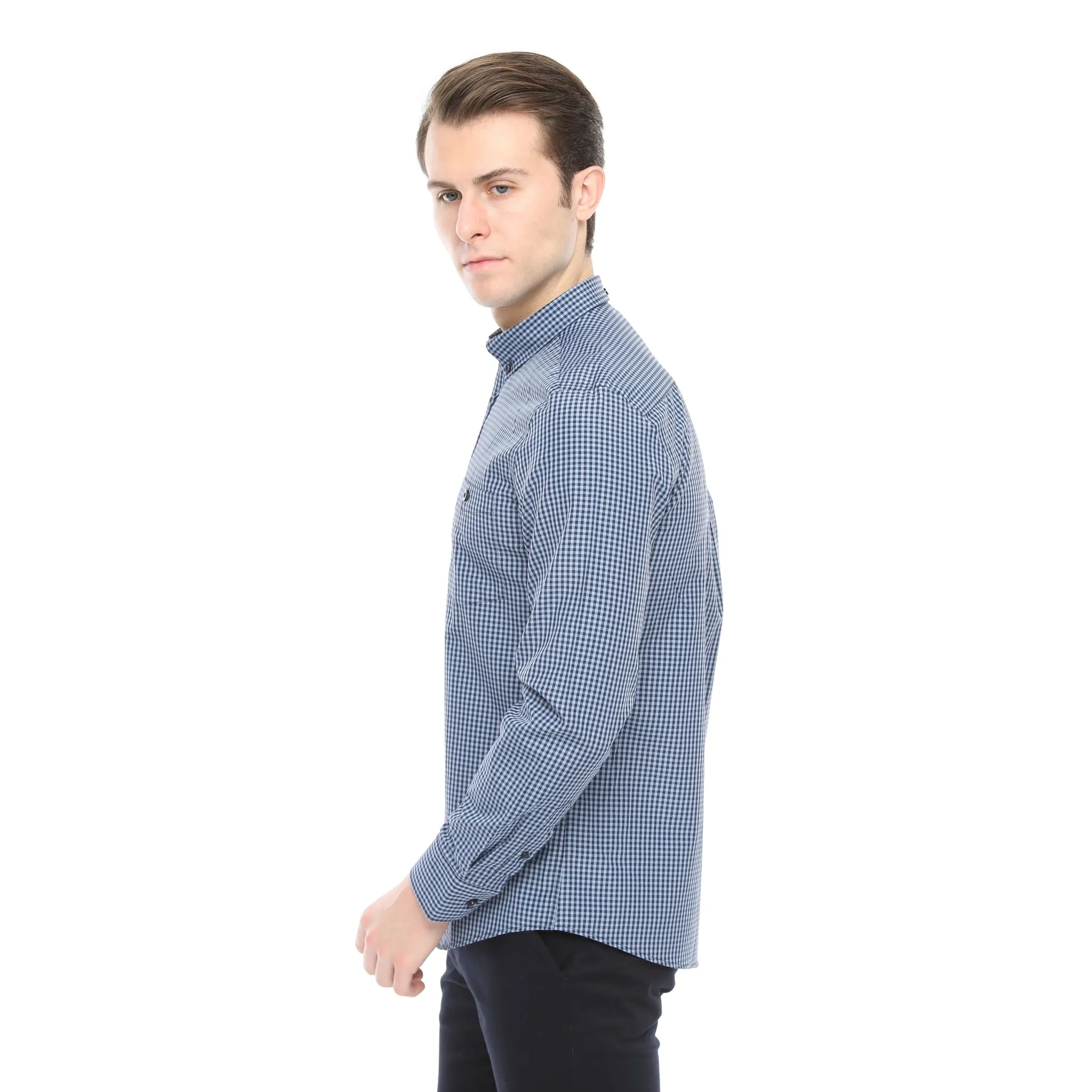 Xact Men's Gingham Check Shirt with Button-Down Collar - Long Sleeved