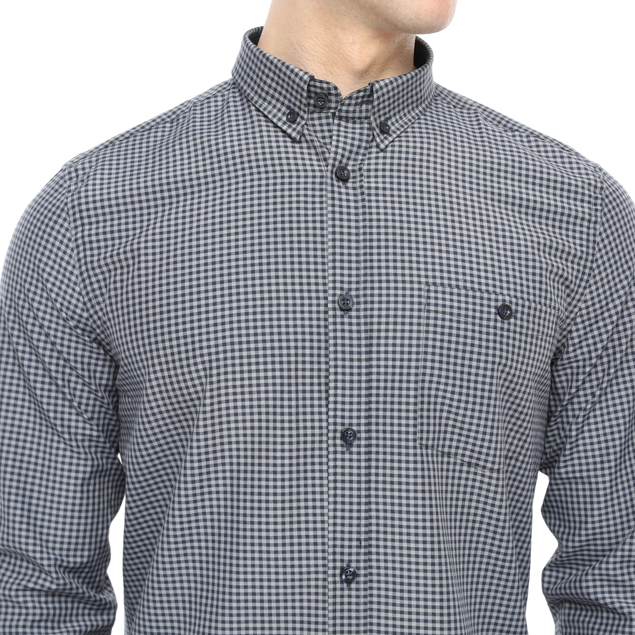 Xact Men's Gingham Check Shirt with Button-Down Collar - Long Sleeved