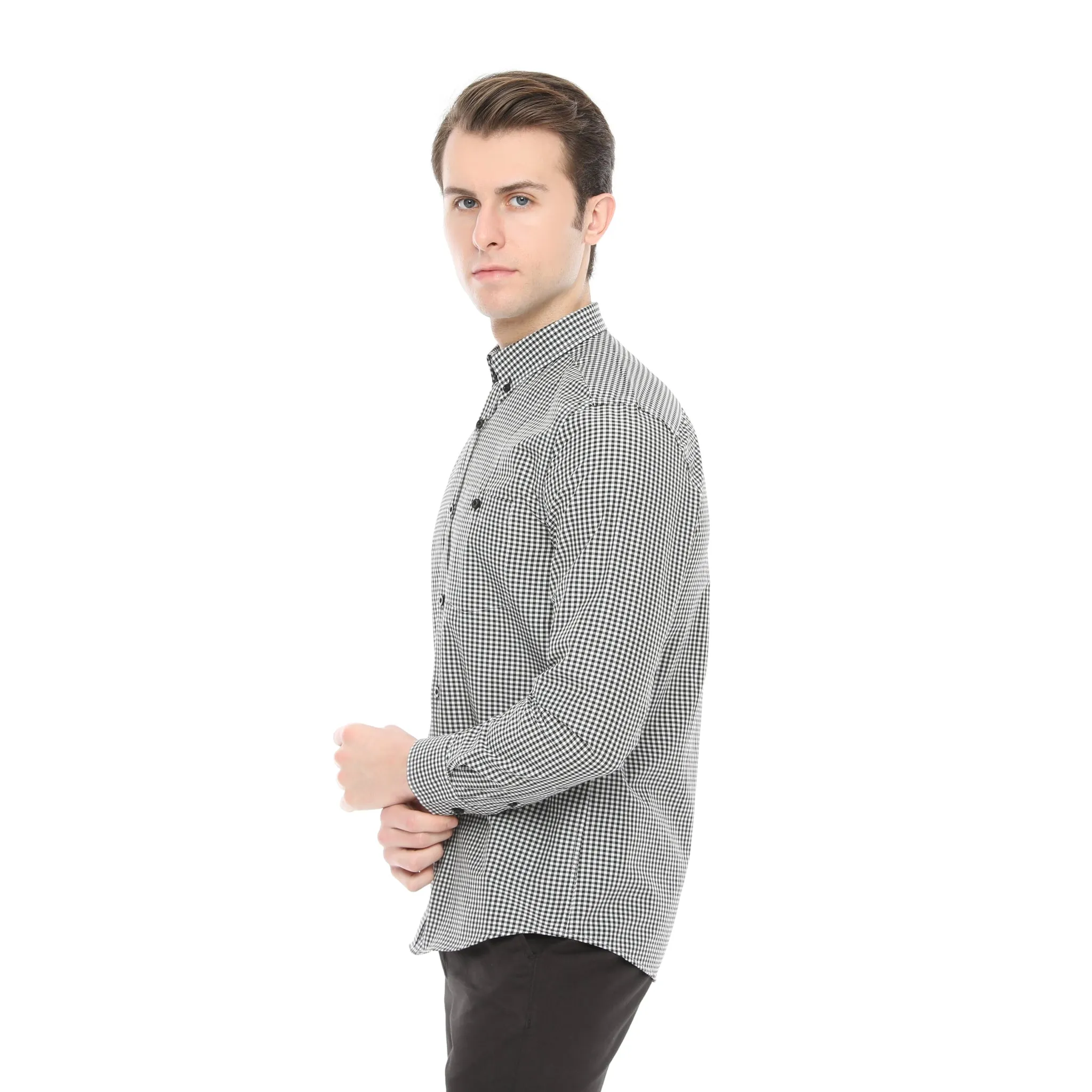 Xact Men's Gingham Check Shirt with Button-Down Collar - Long Sleeved