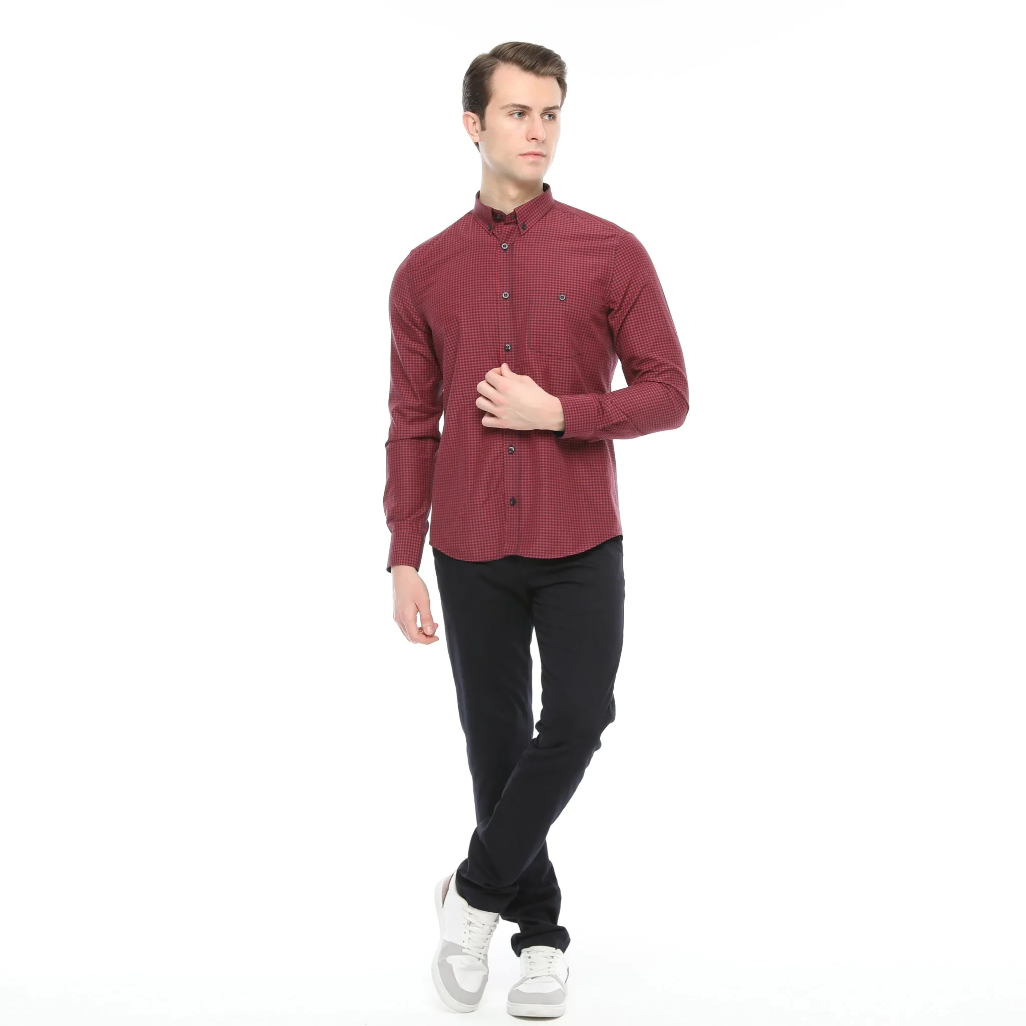 Xact Men's Gingham Check Shirt with Button-Down Collar - Long Sleeved