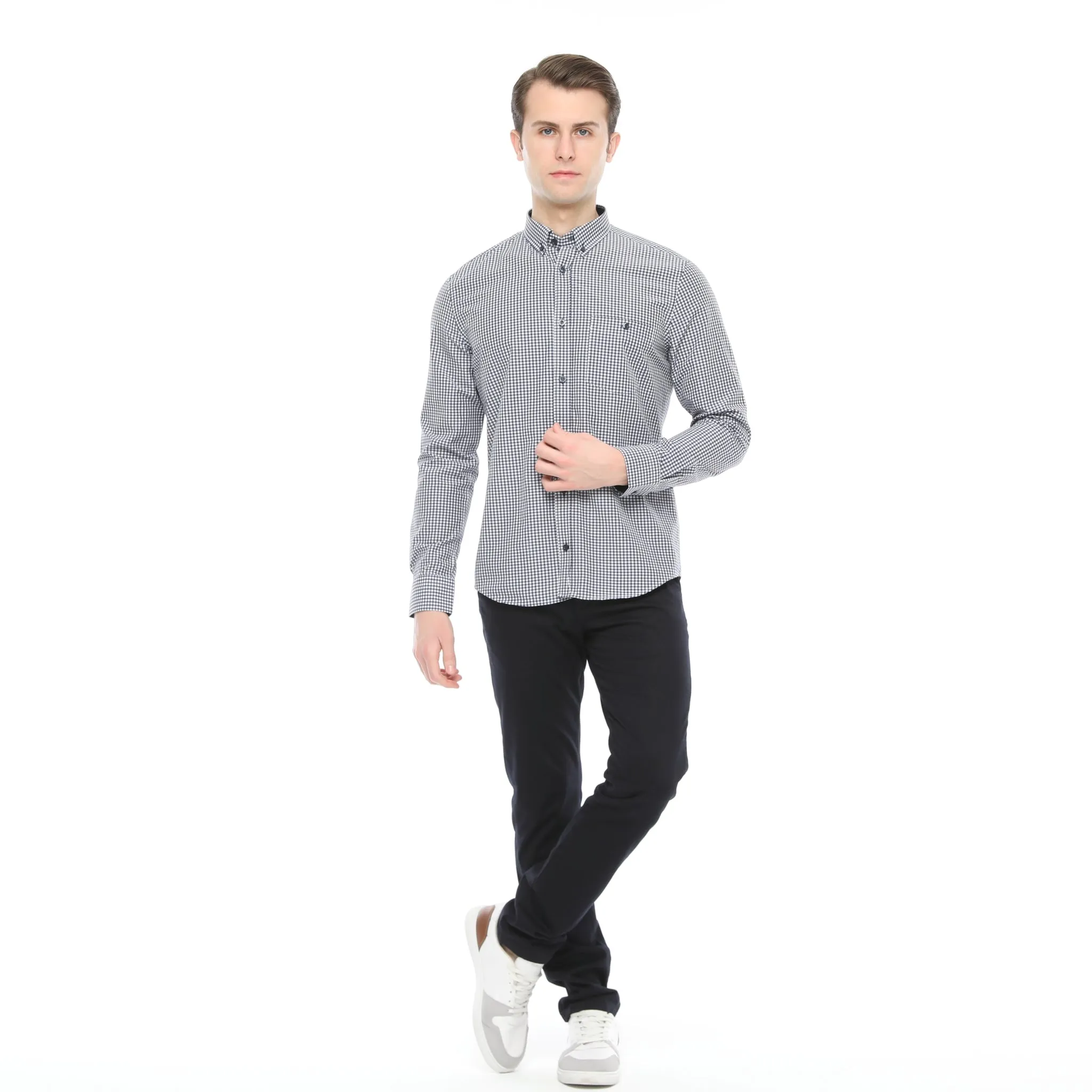 Xact Men's Gingham Check Shirt with Button-Down Collar - Long Sleeved