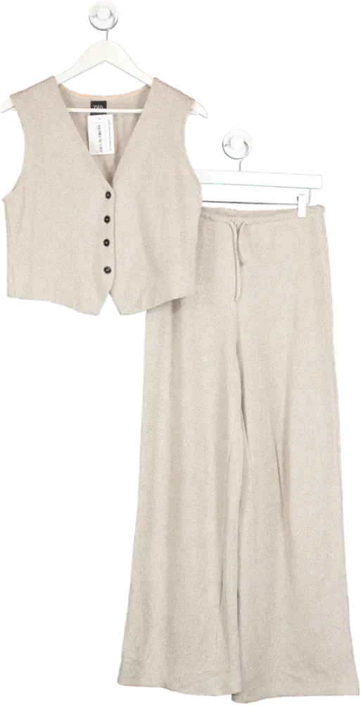 ZARA Beige Wide Leg Pull On Trousers And Waistcoat UK S